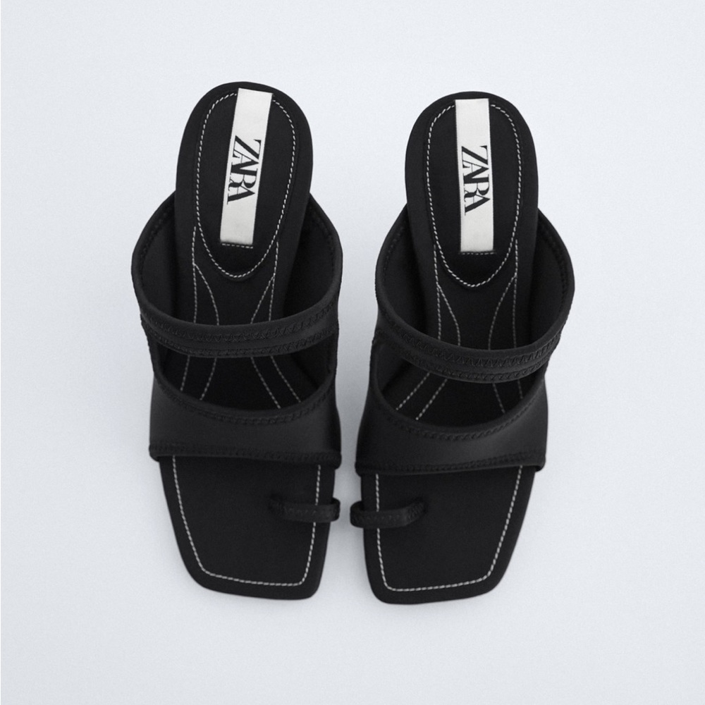 NEW Zara Black Strappy Square-Toe Heeled Sandals